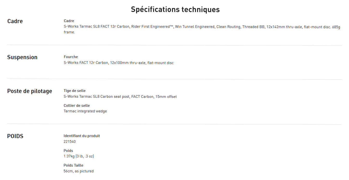 Fiche technique du Kit Cadre S-Works Tarmac SL8 Année 2025